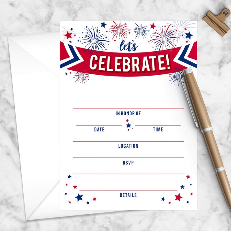 Canopy Street Patriotic Party Invitations / 25 American Event Invites / 5" x 7" Flat Invite Cards With White Envelopes/Red White And Blue Invites/Made In The USA - Image 3